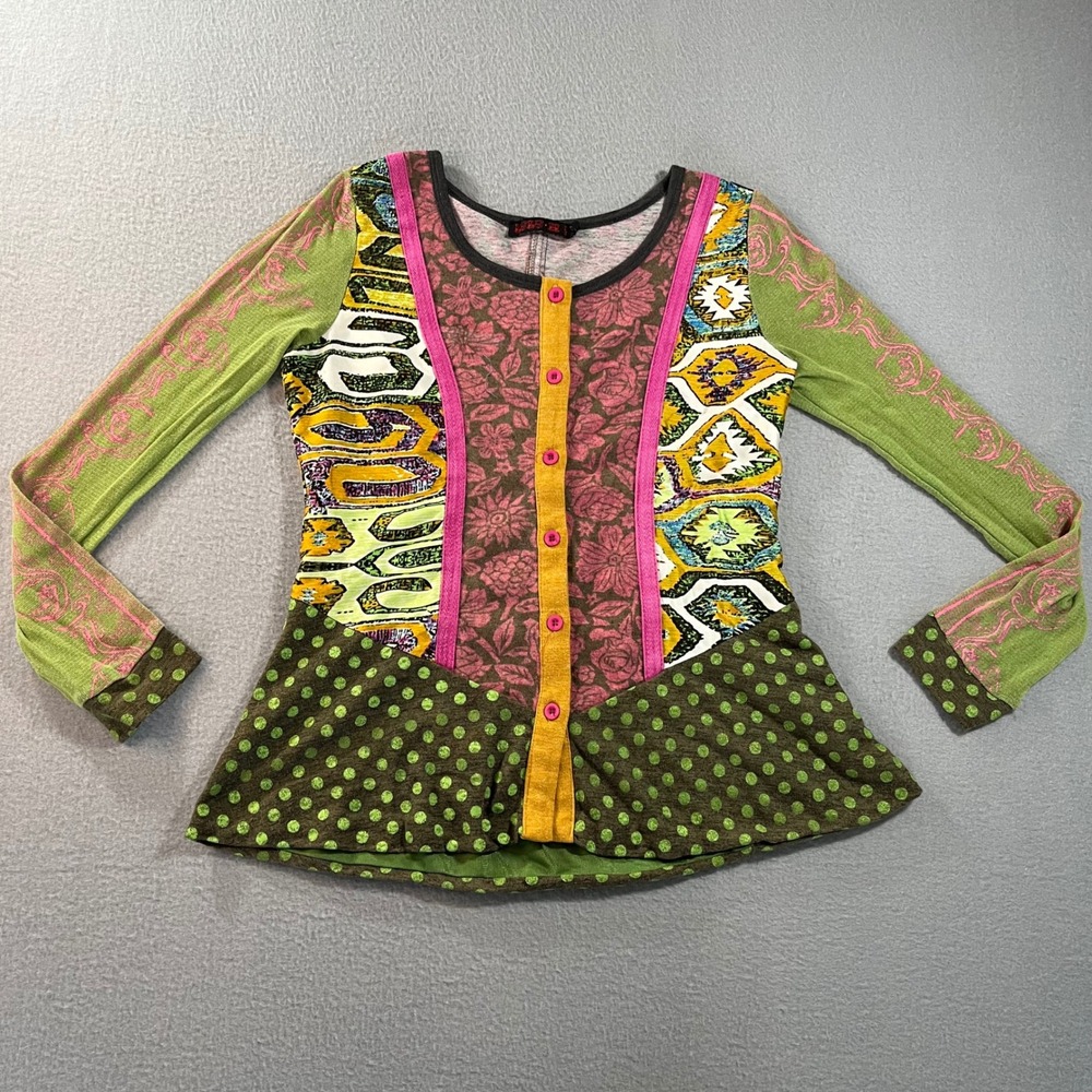 Lulu-H Paris Womens Mixed Media Patchwork Boho Peplum Top Green Pink Floral M